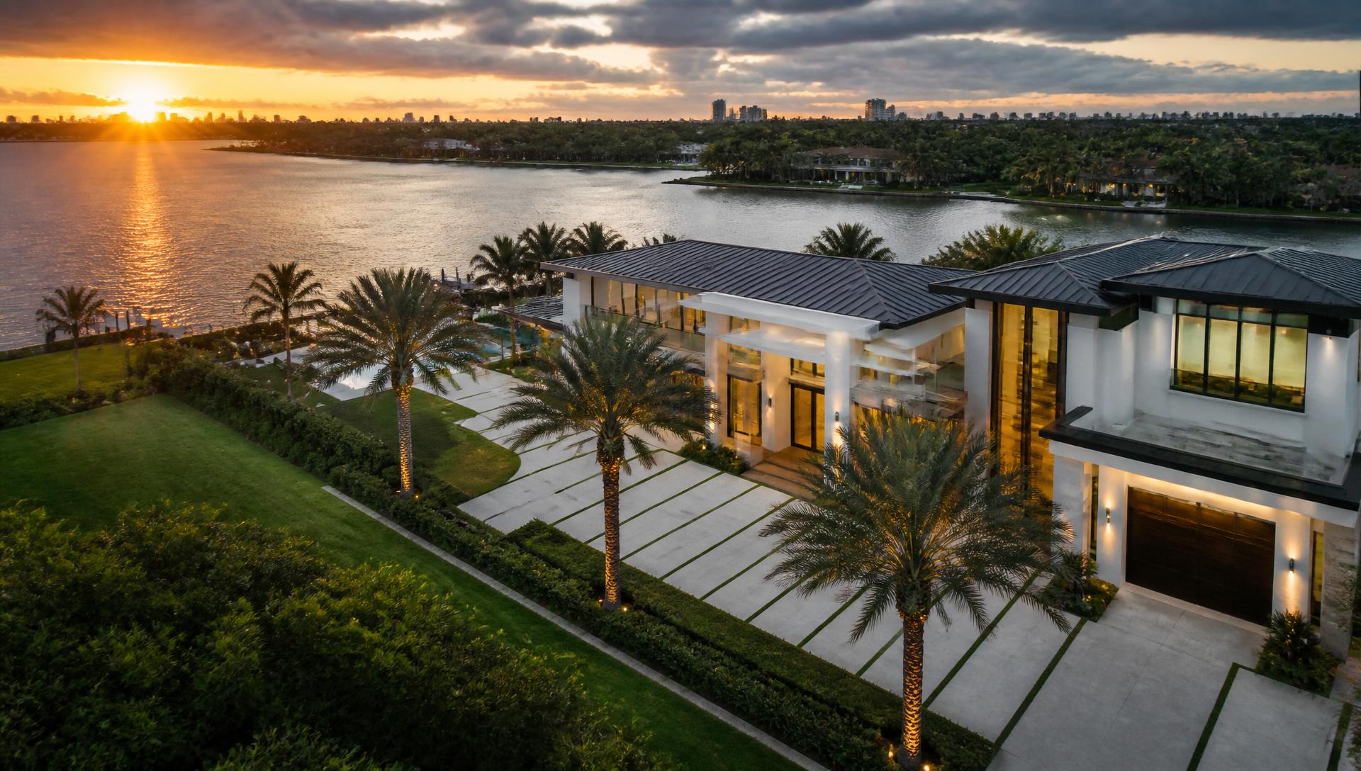 Cinematic aerial view of a luxury waterfront estate at sunset
